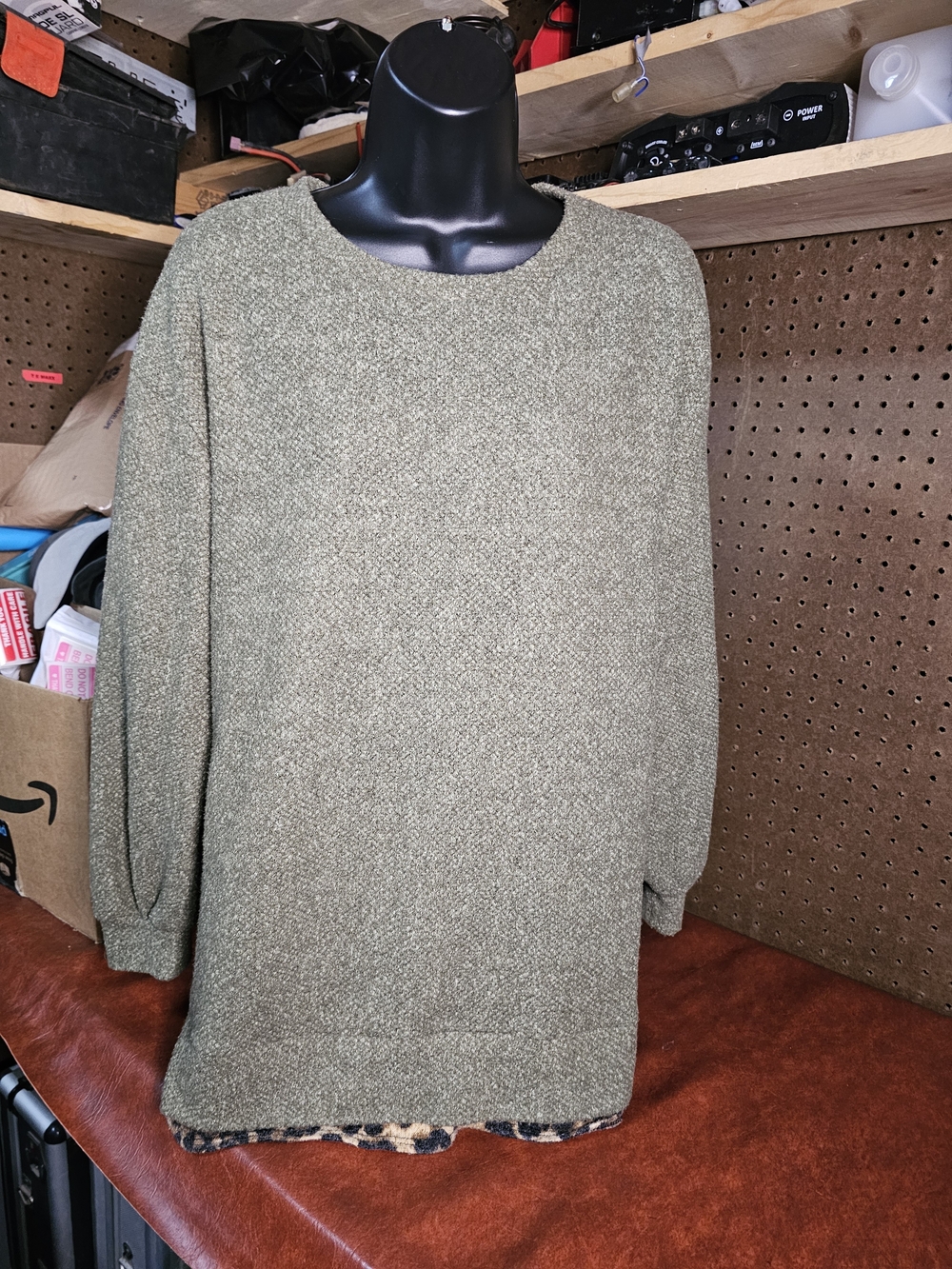 First Love By Lovelyn Green Sweater with Leopard Trim